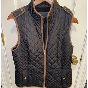 Talbots Women's‎ Quilted Vest Black Brown Trim Full Zip Up Size Medium Gold Zip